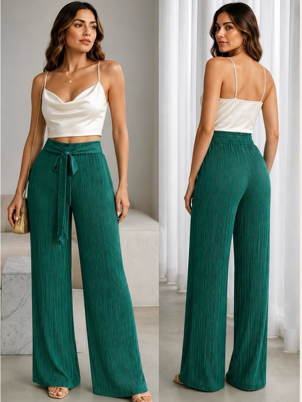 Boohoo Emerald Green Pleated Wide-Leg Pants